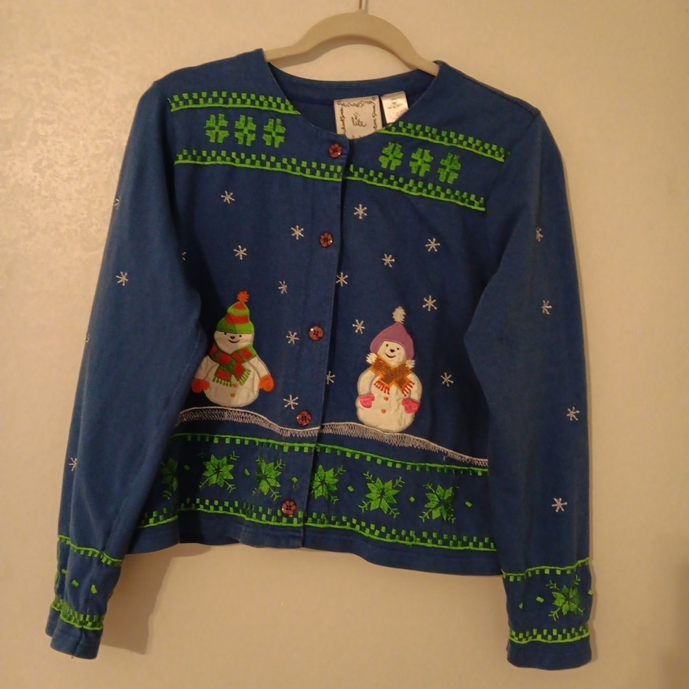 Michael Simon Lite Cardigan Women‎ Sz. L Button Front Holiday Applique Christmas